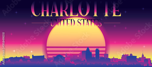 Purple generic retro futuristic synthwave panoramic poster of the city skyline with misty background sunset buildings of CHARLOTTE, UNITED STATES