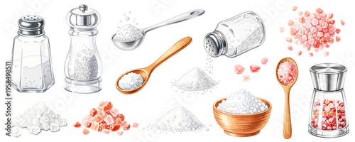 塩と岩塩の水彩風イラストセット｜ソルトミル・調味料・キッチン素材