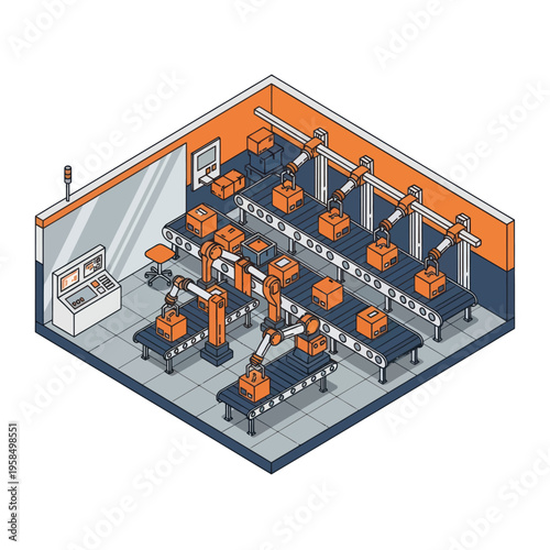 Industrial Robots in Manufacturing Facility Setting.