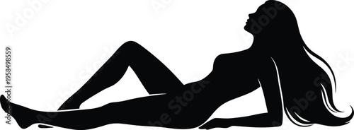 Elegant black silhouette of a beautiful woman with long hair lying down in a graceful pose isolated on white background for beauty and wellness