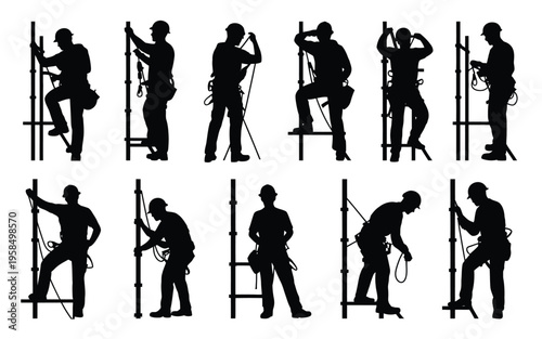Silhouettes of workers in safety gear performing various tasks on scaffolding with ropes and harnesses for construction or industrial settings