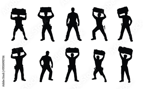 Silhouettes of men lifting and carrying heavy suitcases in various poses isolated on white background minimalist design modern style