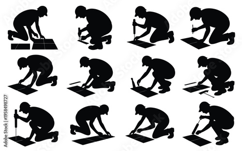 Silhouette of a person hammering on a flat surface in a sequence of twelve poses showing construction or repair work in progress