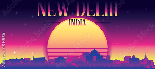 Purple generic retro futuristic synthwave panoramic poster of the city skyline with misty background sunset buildings of NEW DELHI, INDIA