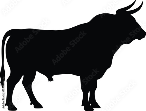 Powerful black bull silhouette with sharp horns standing in side profile view isolated on white background for livestock farming and financial market graphic design