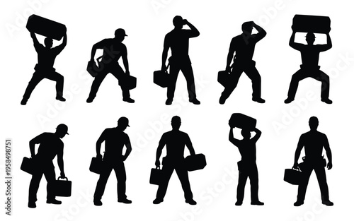 Silhouettes of businessmen carrying briefcases in various dynamic poses showcasing movement and professionalism in a minimalist black and white style