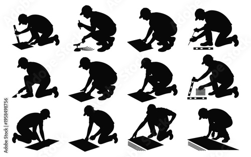 Silhouettes of a person in hard hat and safety gear performing construction measuring and inspection tasks in a sequence of dynamic poses