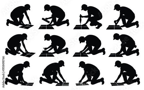 Silhouettes of a person performing various physical exercises on a mat in a minimalist style demonstrating movements such as stretching lunging and bending in a sequence of poses