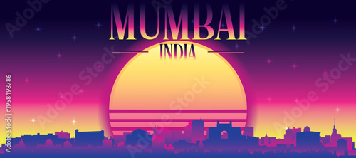 Purple generic retro futuristic synthwave panoramic poster of the city skyline with misty background sunset buildings of MUMBAI, INDIA