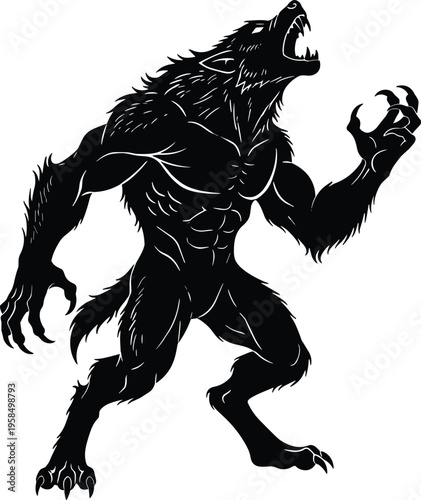 Powerful black werewolf silhouette featuring a muscular mythical creature in an aggressive howling pose with sharp claws isolated on white background for horror fantasy design
