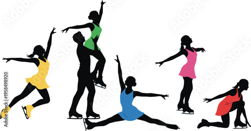 Set of colorful figure skating silhouettes featuring professional ice skaters performing artistic jumps spins and graceful poses isolated on white background for winter sports design
