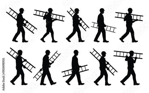 Silhouettes of construction workers carrying ladders while walking in a sequence monochromatic black and white minimalist style isolated on white background repetitive motion