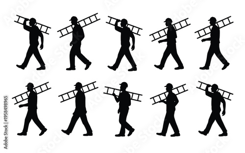 Silhouettes of workers carrying ladders in a sequence of movements black and white vector illustration of motion and labor