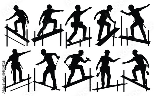 Silhouette figures performing dynamic skateboard tricks in sequence showcasing movement and energy with bold black outlines and minimalist design
