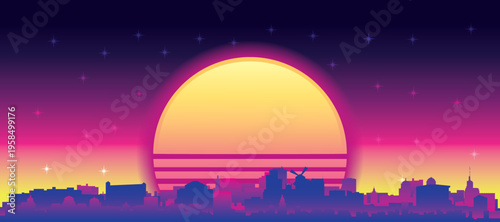 Purple generic retro futuristic synthwave panoramic poster of the city skyline with misty background sunset buildings of PARIS, FRANCE