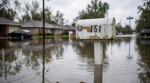 Flooded neighborhood mailbox scene louisiana high-quality image rain impact hyperrealistic climate environment