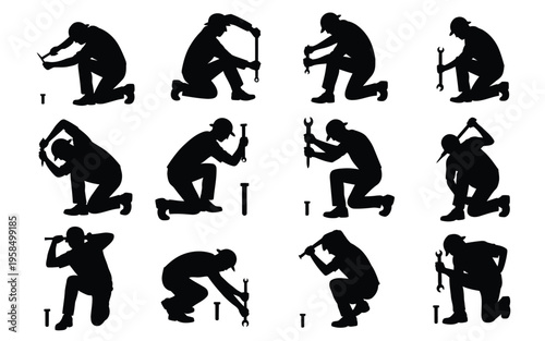 Diverse silhouettes of people performing physical labor including digging hammering and lifting tools in varied postures