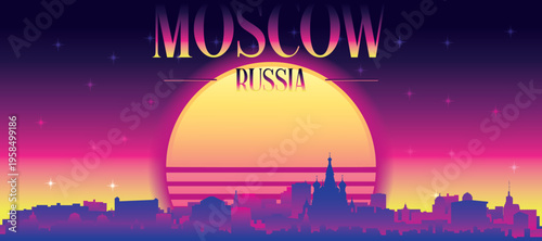 Purple generic retro futuristic synthwave panoramic poster of the city skyline with misty background sunset buildings of MOSCOW, RUSSIA