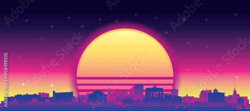 Purple generic retro futuristic synthwave panoramic poster of the city skyline with misty background sunset buildings of BERLIN, GERMANY