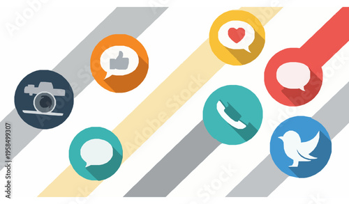 Modern social media icons with hipster camera bird and speech bubbles in colorful circle buttons with long shadow effect