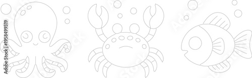 Set of 3 sea creatures vector illustrations