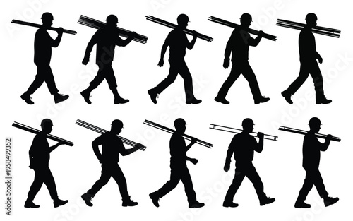 Silhouettes of ten men walking while carrying long cylindrical objects on shoulders in a minimalist isolated design