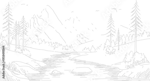 Vector landscape illustration with river, mountains and trees