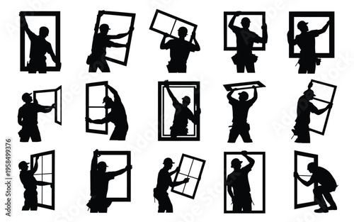 Silhouettes of workers installing repairing and handling large glass window panes in various dynamic poses
