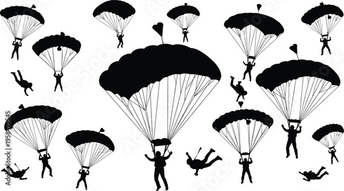 Black silhouette collection of skydivers jumping and parachuting in the sky isolated on white background for extreme sports and adventure.