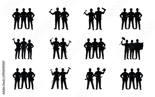 Silhouettes of construction workers in groups performing tasks with tools isolated on white background teamwork and collaboration theme