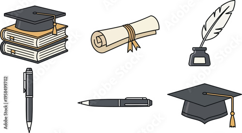 A collection of academic and educational objects including graduation caps, books, a diploma scroll, and writing instruments perfect for learning concepts.