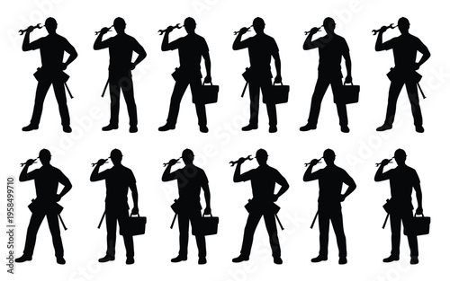 Silhouettes of a confident worker using tools and carrying a toolbox in various dynamic poses against a clean white background