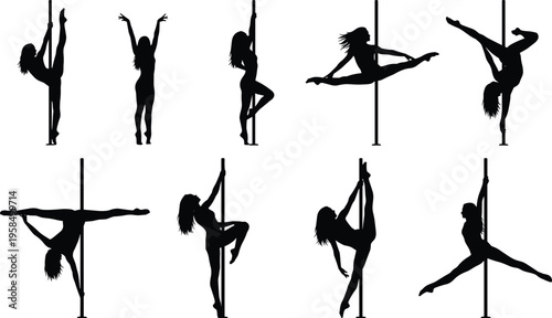 Set of elegant pole dancer silhouettes featuring various acrobatic poses and flexible movements isolated on white background for fitness dance studio and performance arts