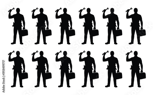 Silhouettes of a professional worker holding a toolbox and hammer in various poses isolated on white minimalist design
