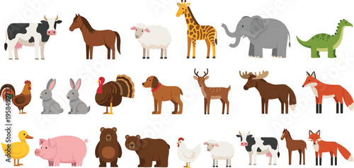 Animal Set Featuring Cows, Horses, Sheep, Elephants, Giraffes, Foxes, Bears, Ducks, Turkeys, and Roosters for Farm and Wild Animal Illustrations