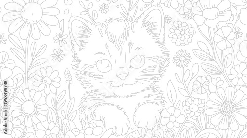 Vector illustration of a cute kitten in a floral background