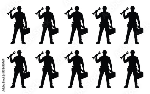 Silhouettes of a man holding a briefcase and a hammer in various poses isolated on a clean white background emphasizing movement and repetition