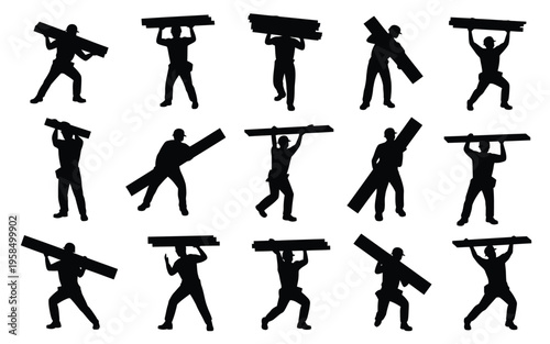 Silhouettes of workers carrying heavy planks in various poses depicting effort teamwork and physical labor in construction