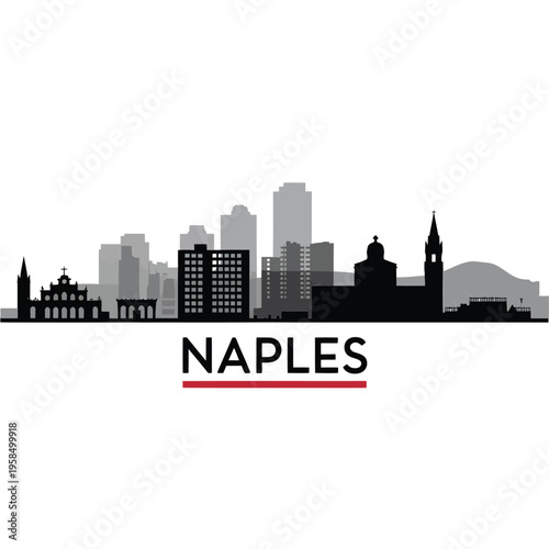 Naples skyline silhouette with buildings and a prominent city name display