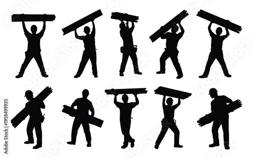 Construction workers carrying planks of wood and materials in silhouette style on a white background vector illustration