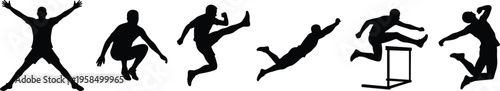 Black silhouette collection of male athletes jumping running and hurdling in track and field sports competition isolated on white background.
