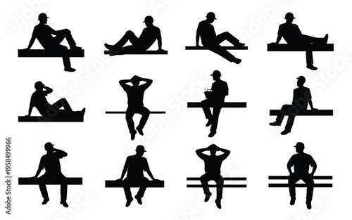 Silhouettes of people relaxing in various positions on benches showing casual and calm postures for leisure activities