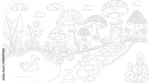 Vector illustration of a whimsical mushroom village with a pond and a duck
