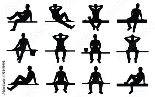 Silhouettes of people relaxing in various seated and reclined poses on minimalist benches conveying calm and comfort in a modern monochromatic style
