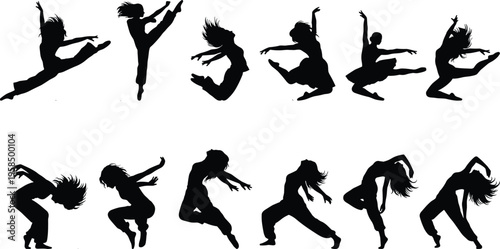 Black silhouettes of women dancing and jumping in active poses including ballet, jazz, hip hop, contemporary, and expressive athletic movements.