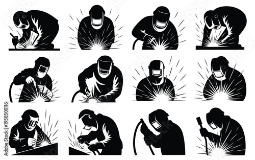 Silhouettes of skilled welders working with intense sparks flying in dynamic industrial scenes showcasing various welding techniques and postures in a bold high contrast black