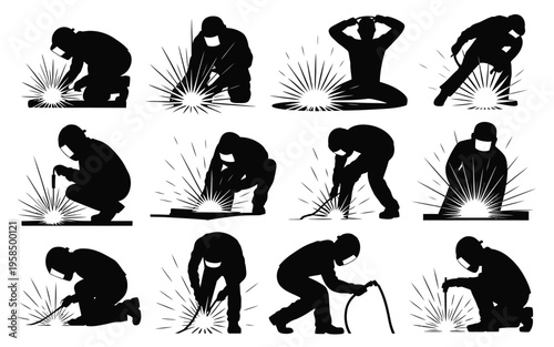 Silhouettes of workers welding and grinding in dynamic poses showcasing industrial labor with sparks and intense focus isolated on white background