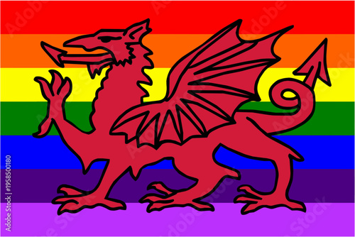 Rainbow Welsh dragon illustration on pride flag background
