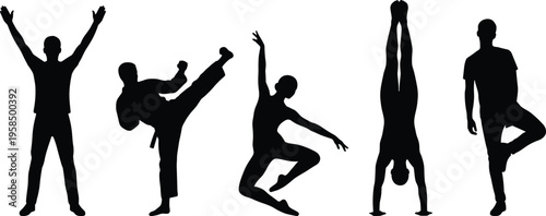 Black silhouettes of people in active poses including karate kick, gymnastics dance, handstand, tree pose yoga, and arms raised victory.