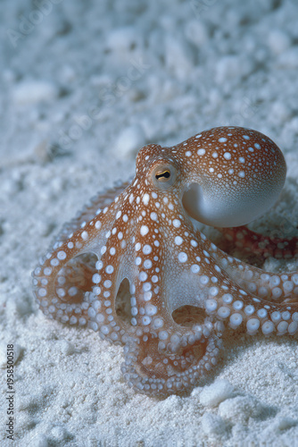 Calm defilippi octopus resting on underwater ocean sand showing spotted texture on long tentacle blending with peaceful nature